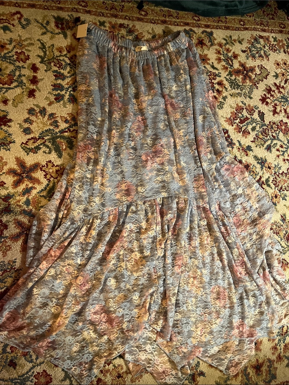 NWT Floral Lace Maxi Skirt - Blue with Pink & Yellow Accents